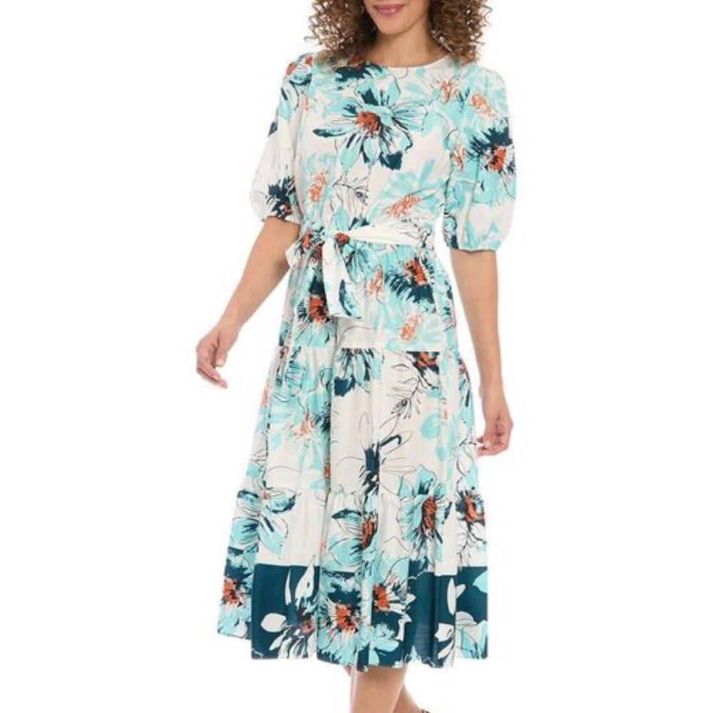 London Times Black and Brown Puff Sleeve Midi Dress